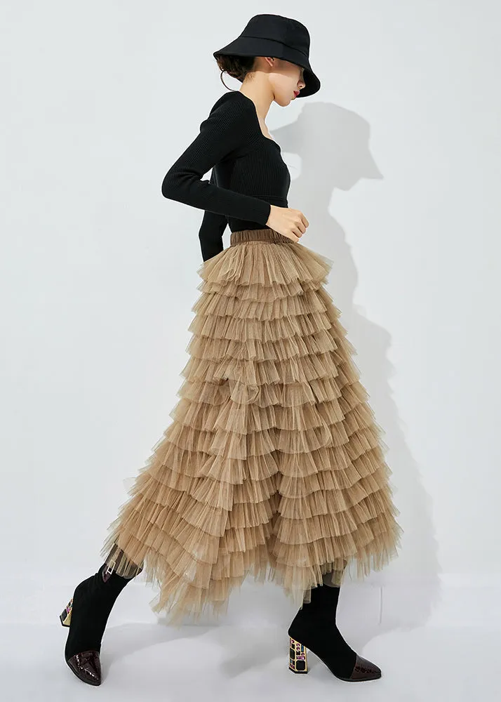 Khaki Layered Tulle A Line Skirt Exra Large Hem Summer LY0842