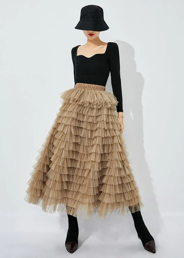 Khaki Layered Tulle A Line Skirt Exra Large Hem Summer LY0842