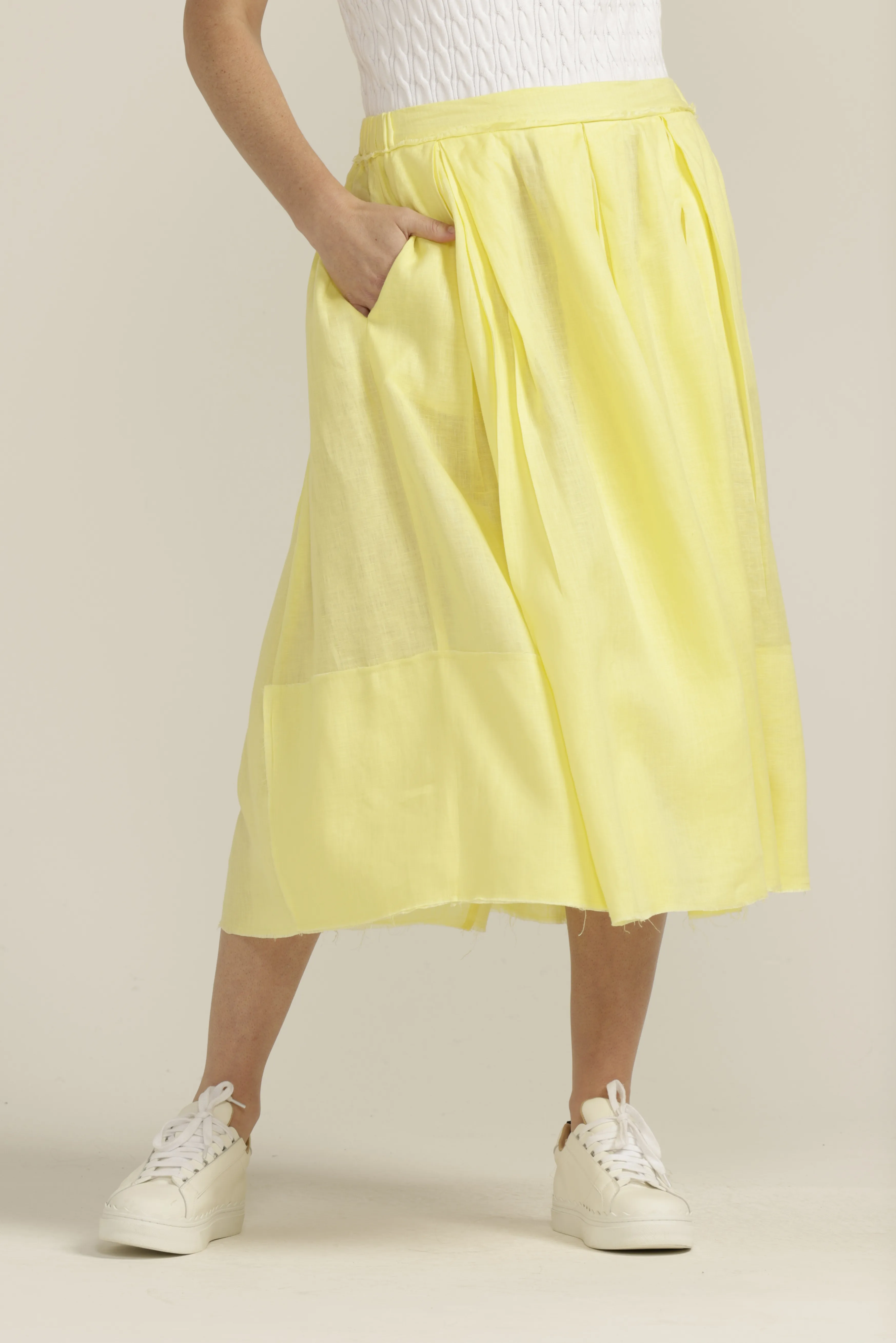 Linen Pleated Full Skirt Yellow