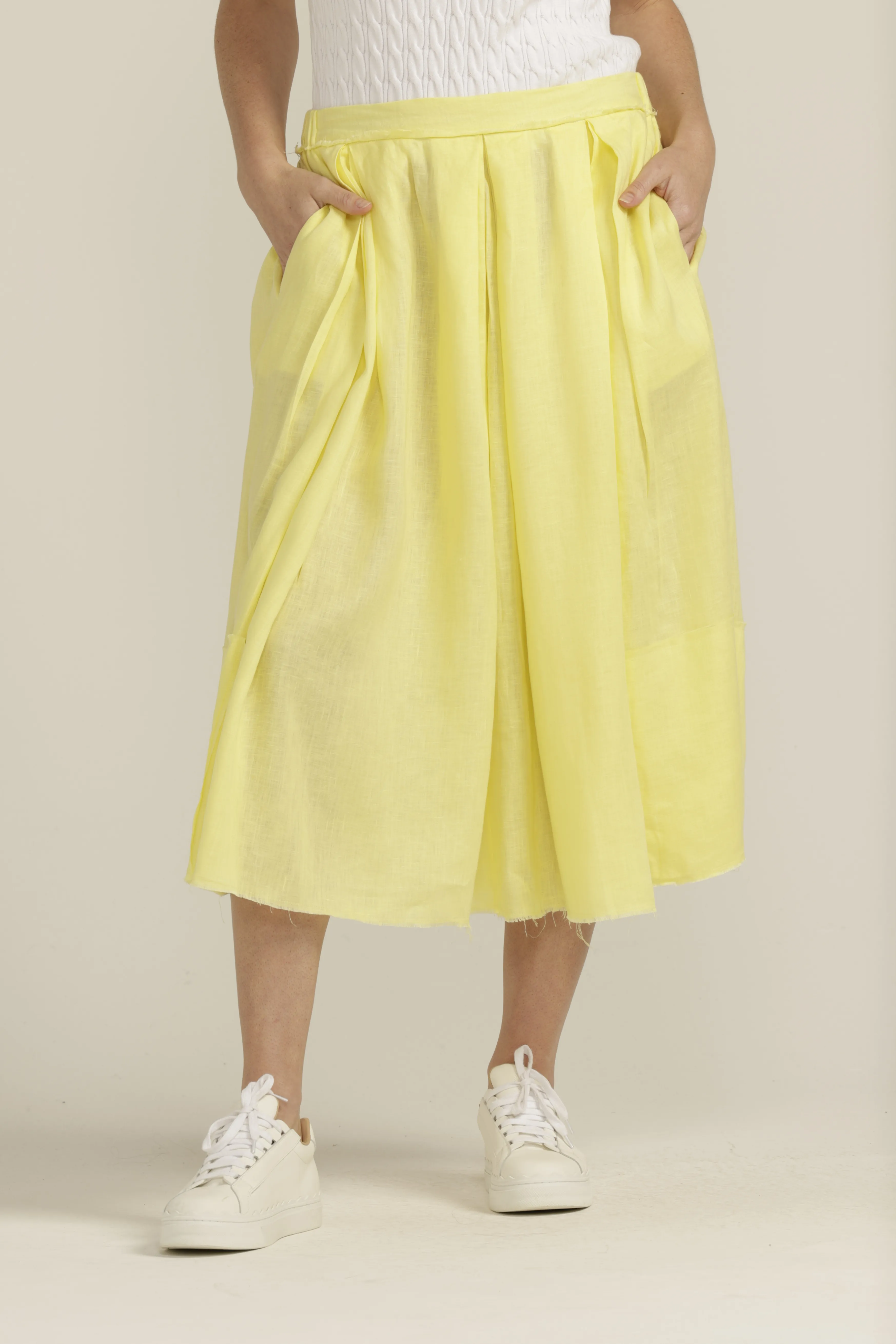 Linen Pleated Full Skirt Yellow