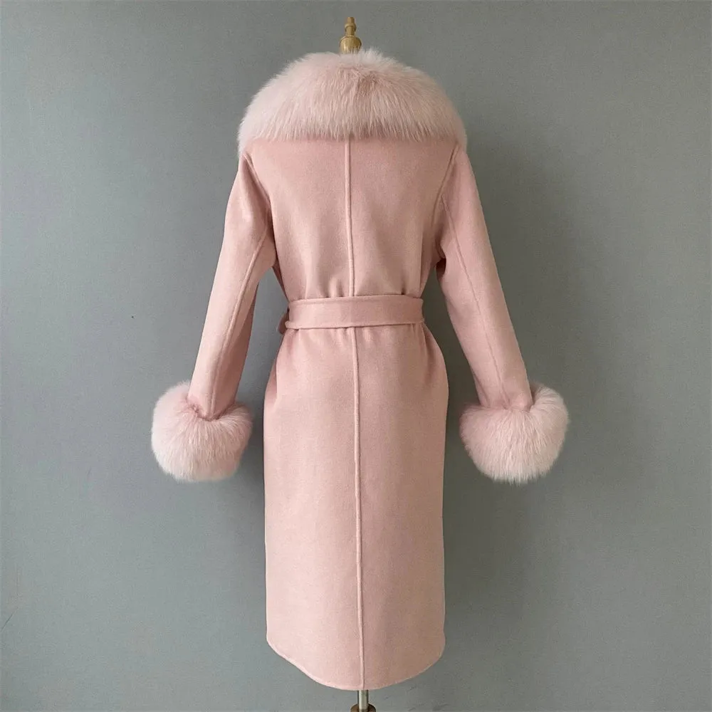 Luxury Cashmere Wool Coat with Genuine Fox Fur Trim