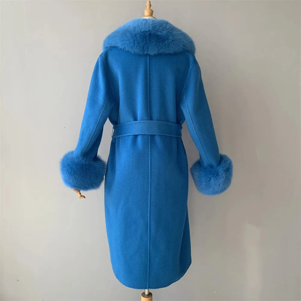 Luxury Cashmere Wool Coat with Genuine Fox Fur Trim