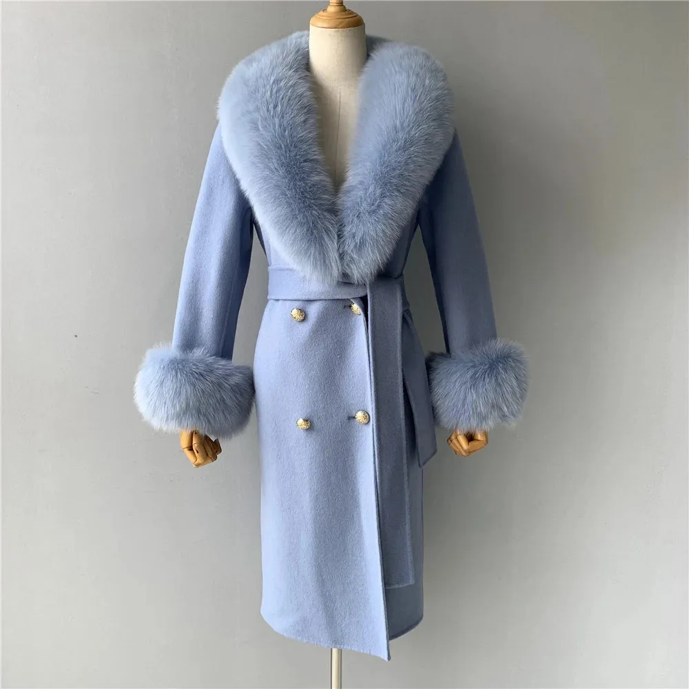 Luxury Cashmere Wool Coat with Genuine Fox Fur Trim