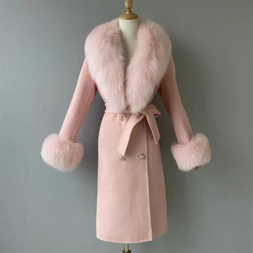 Luxury Cashmere Wool Coat with Genuine Fox Fur Trim