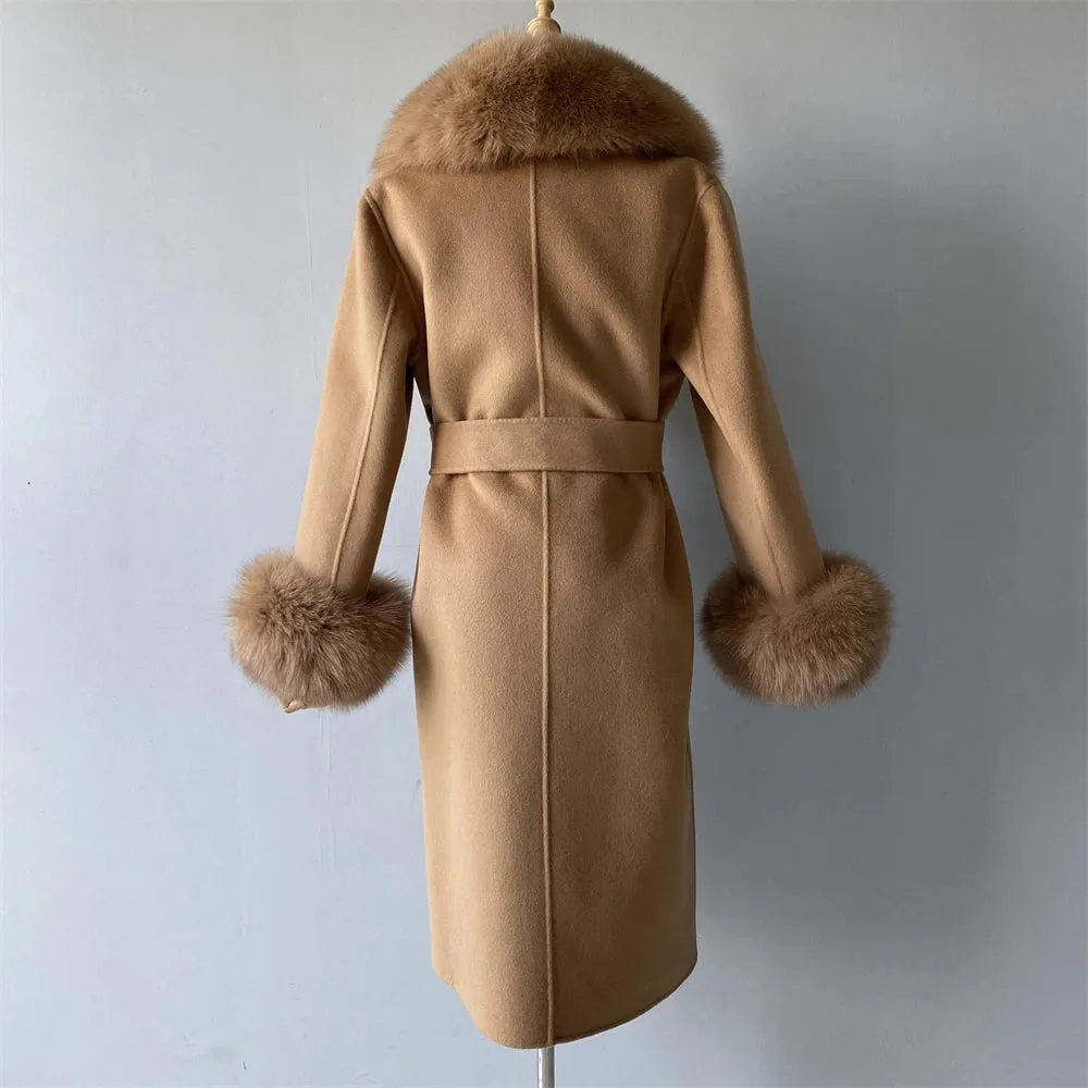 Luxury Cashmere Wool Coat with Genuine Fox Fur Trim