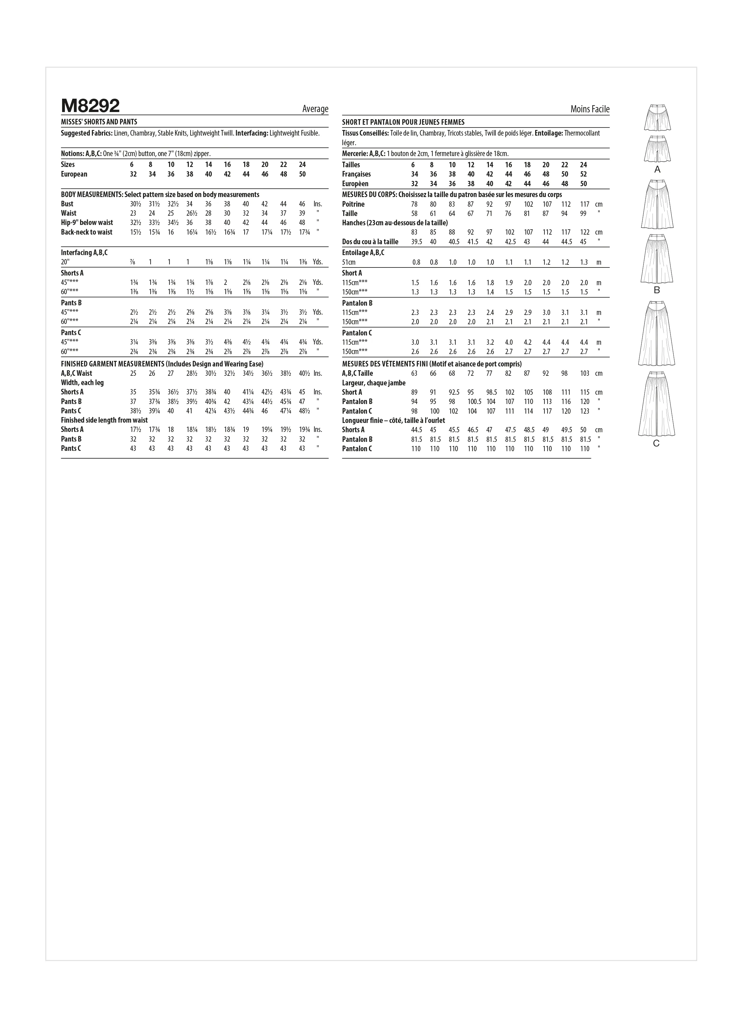 McCall's Pattern M8292 Misses Shorts & Pants