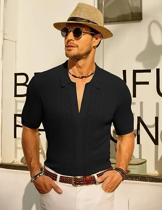 Men's Polo Shirts Breathable Knit Cardigans Shirts Vintage Knitted Shirt Short Sleeve Hollowed Out Casual Clothing