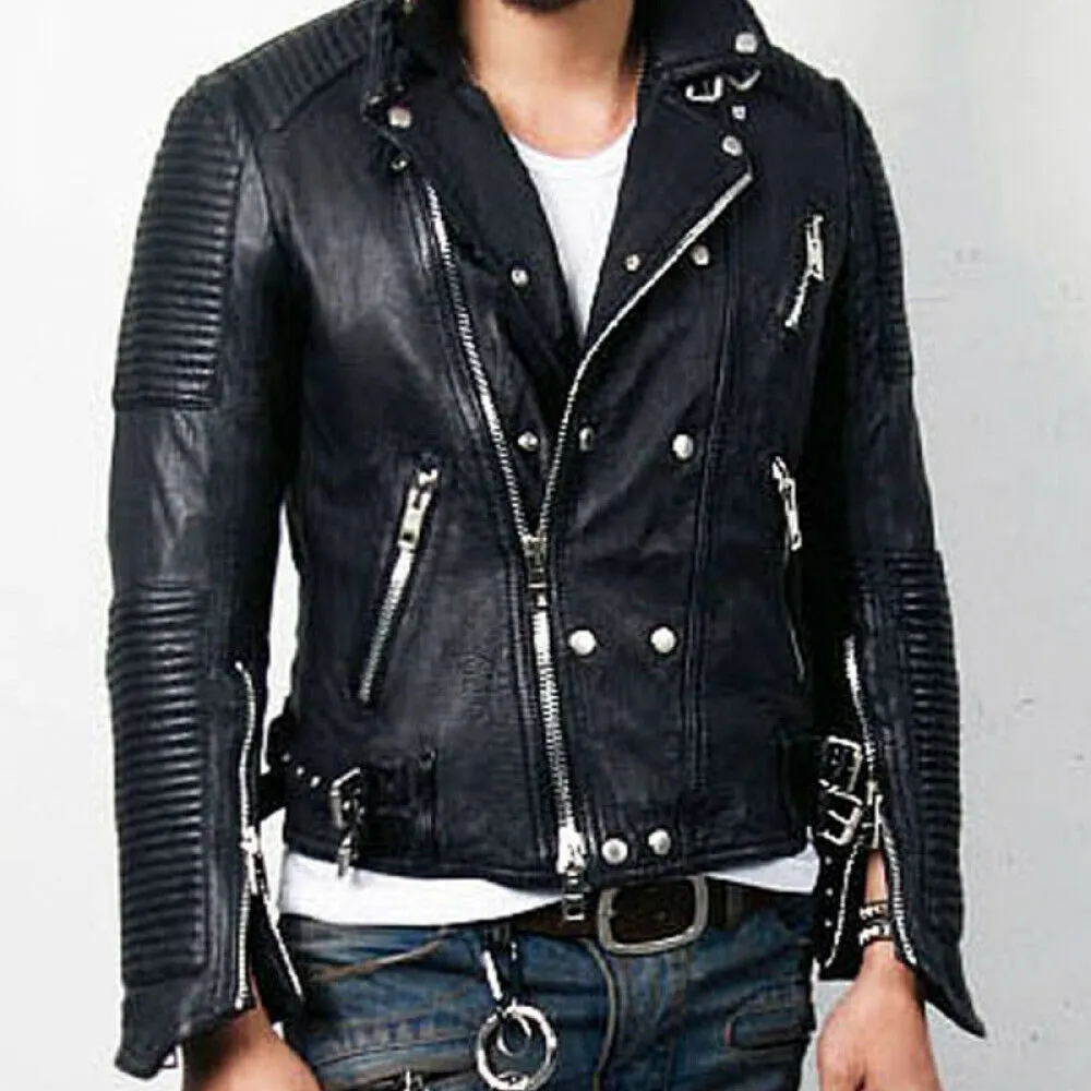 Men's Tumbled Black Leather Slim Fit Moto Studded Biker Motorcycle Jacket