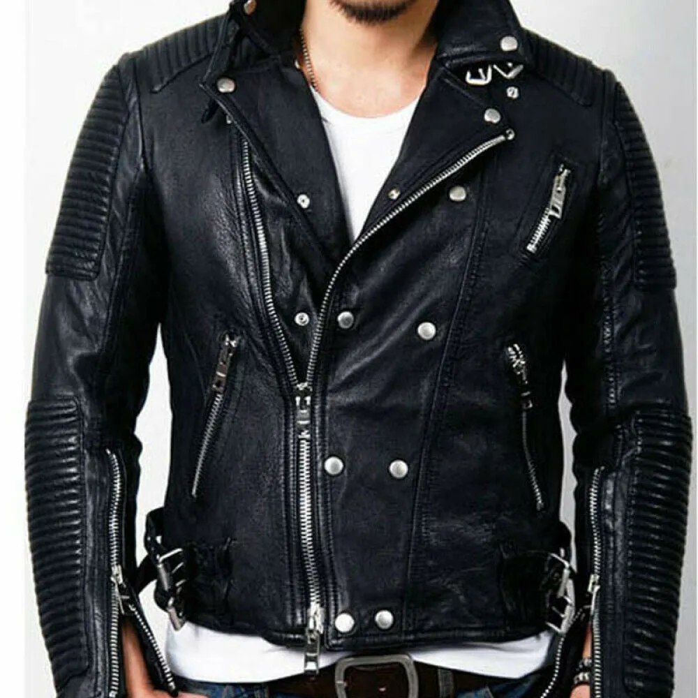 Men's Tumbled Black Leather Slim Fit Moto Studded Biker Motorcycle Jacket