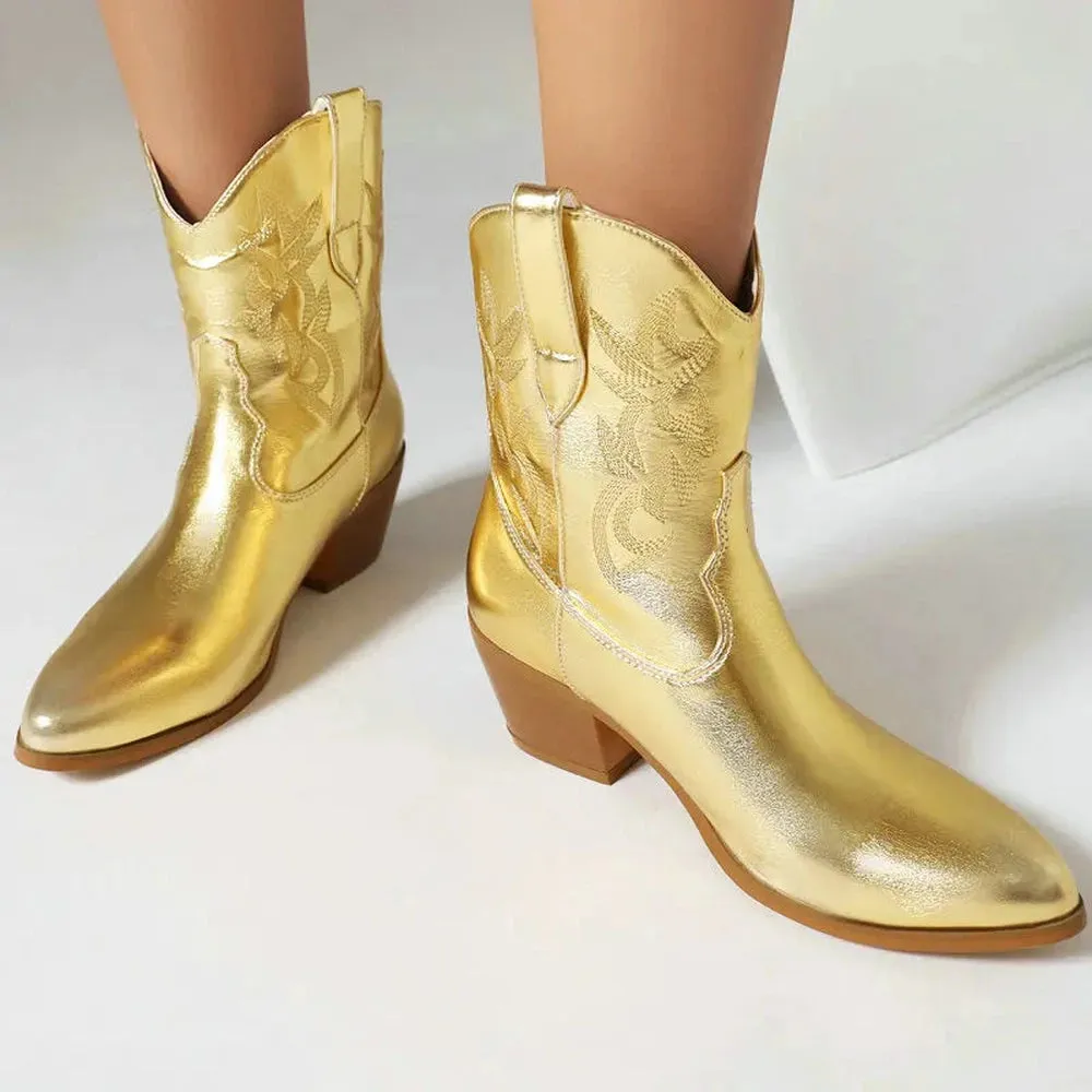 Merendy Pasta Pointed Toe Embroidery Metallic cowboy boots for women