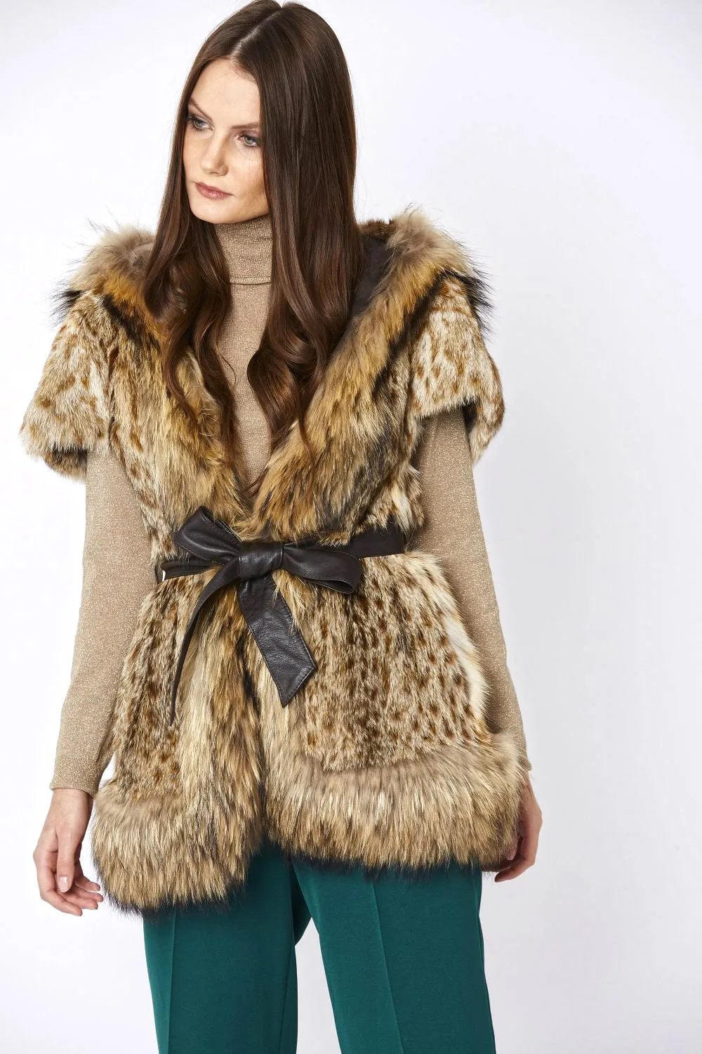 Mocha Leopard Print Hand-painted Hooded Fox & Coney Fur Coat