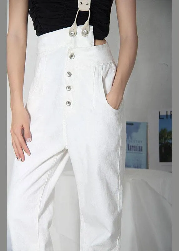 Natural White Denim High Waist asymmetrical Design Carpenter Pants