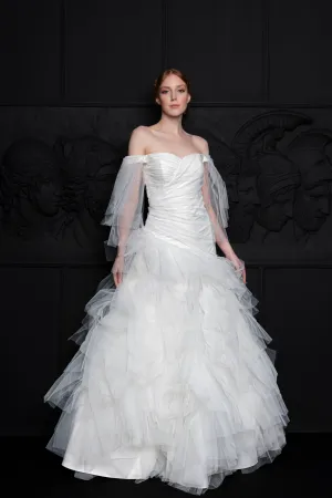 Off The Shoulder A-Line Silhouette Layered Ruffled Bridal Gown