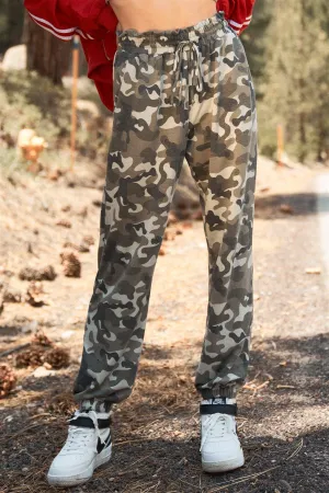 Olive Camo Print Self-Tie Ruffle High Waist Jogger Pants