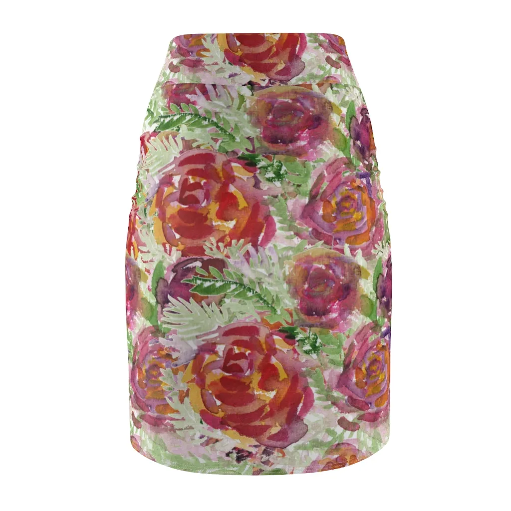 Orange Rose Women's Pencil Skirt, Floral Printed Patterned Designer Skirt For Ladies-Made in USA