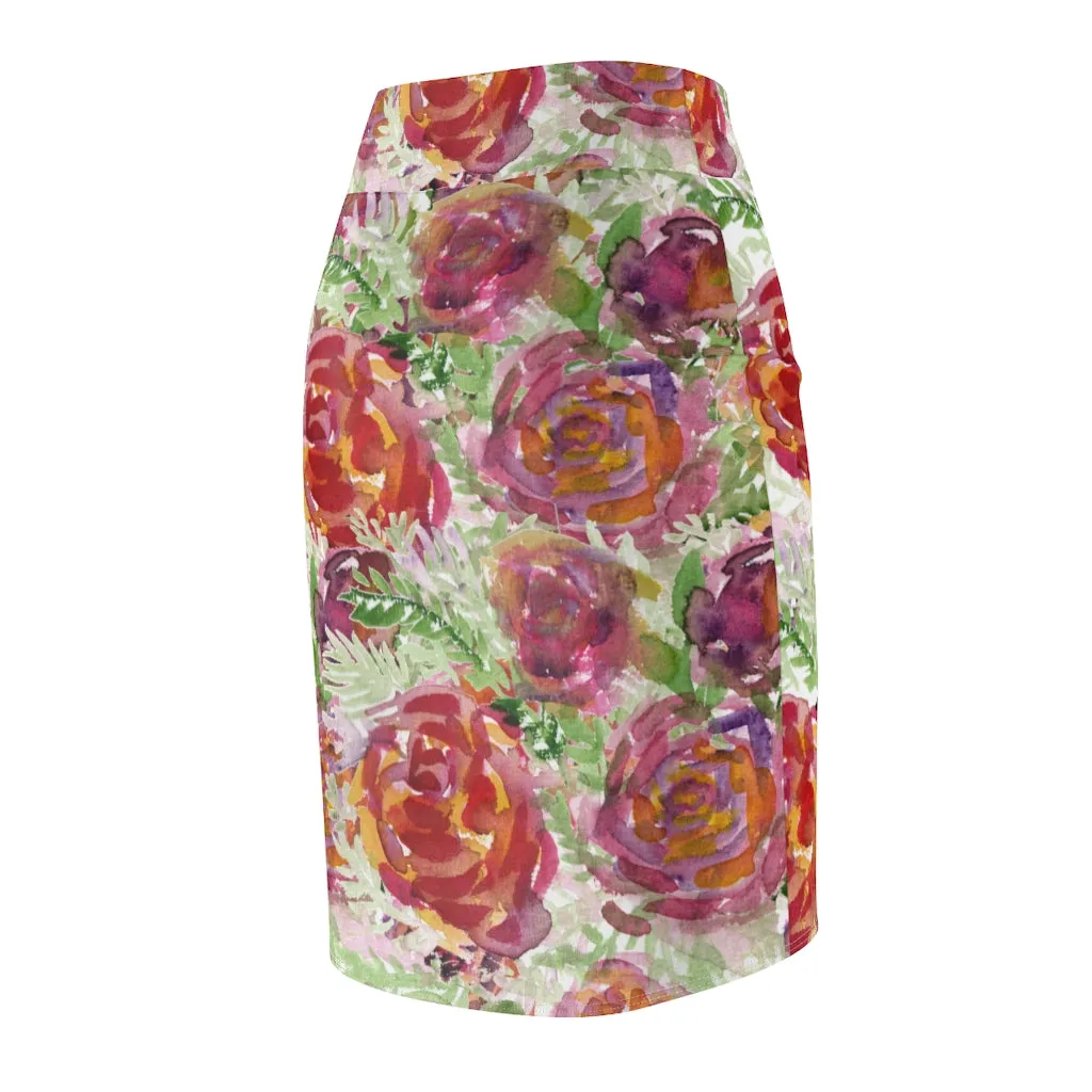 Orange Rose Women's Pencil Skirt, Floral Printed Patterned Designer Skirt For Ladies-Made in USA