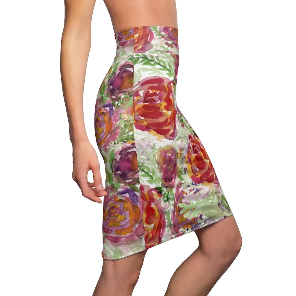 Orange Rose Women's Pencil Skirt, Floral Printed Patterned Designer Skirt For Ladies-Made in USA