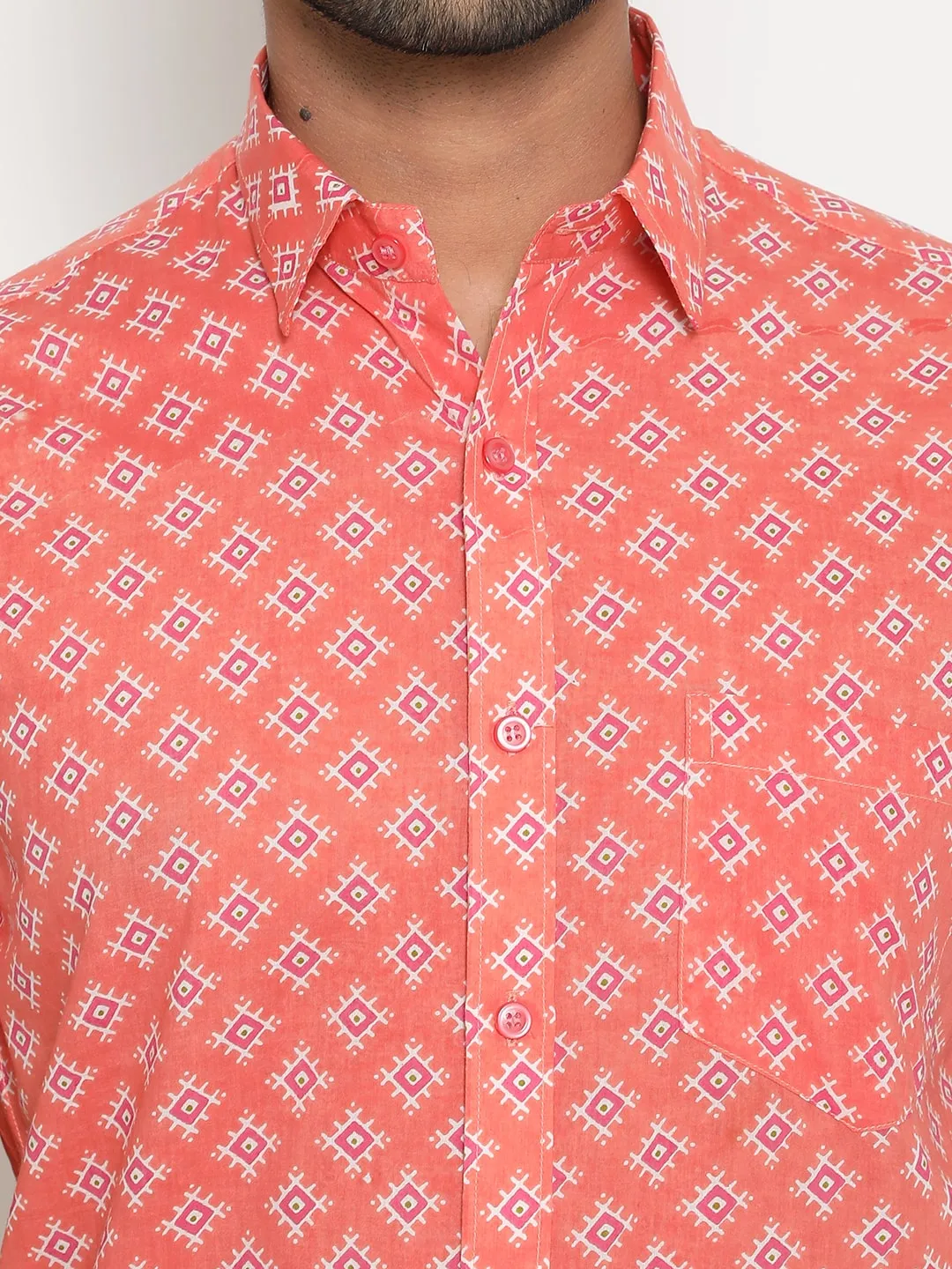 Peach Short Sleeve Cotton Hand Block Printed Men’s Shirt