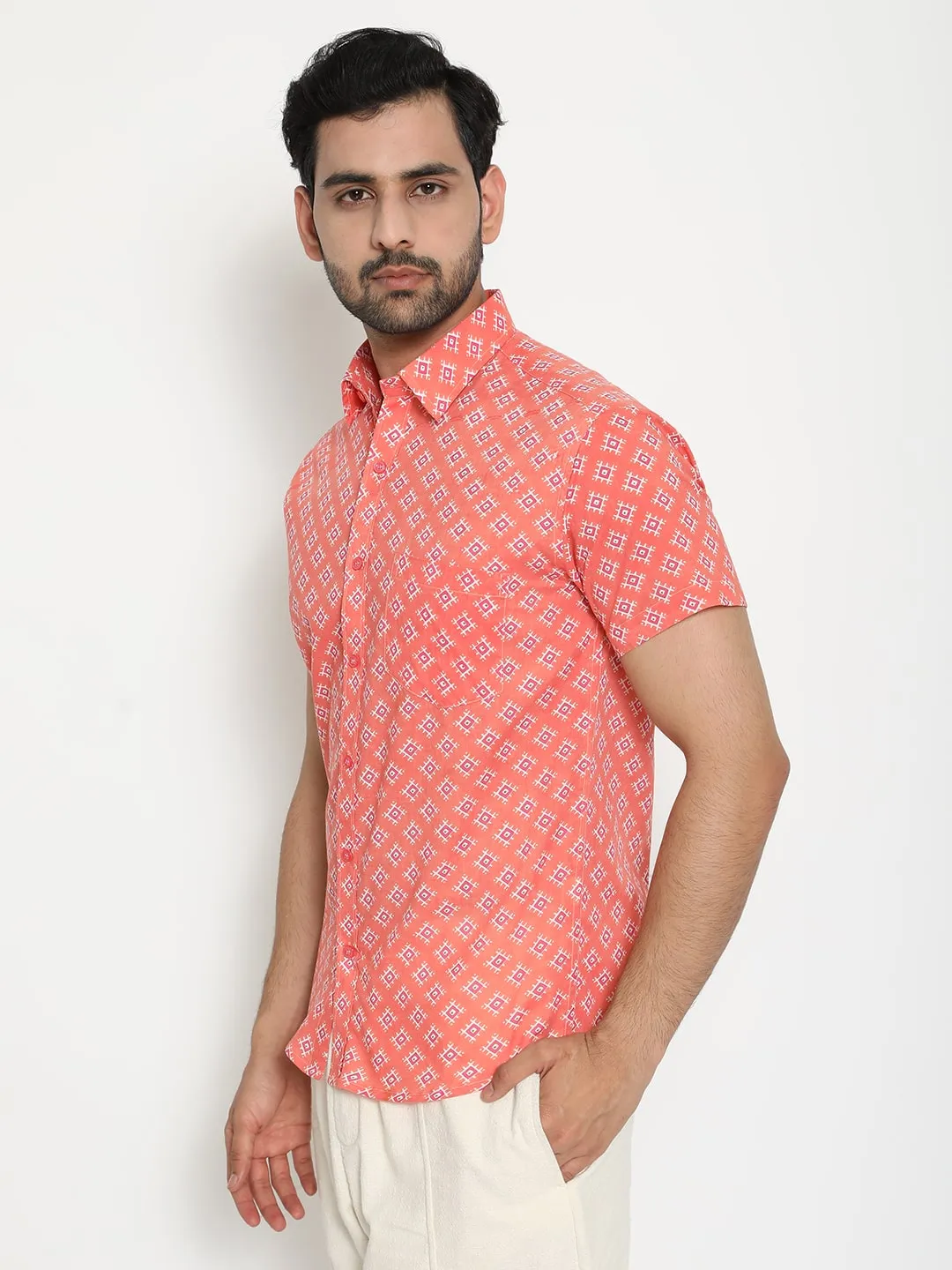 Peach Short Sleeve Cotton Hand Block Printed Men’s Shirt