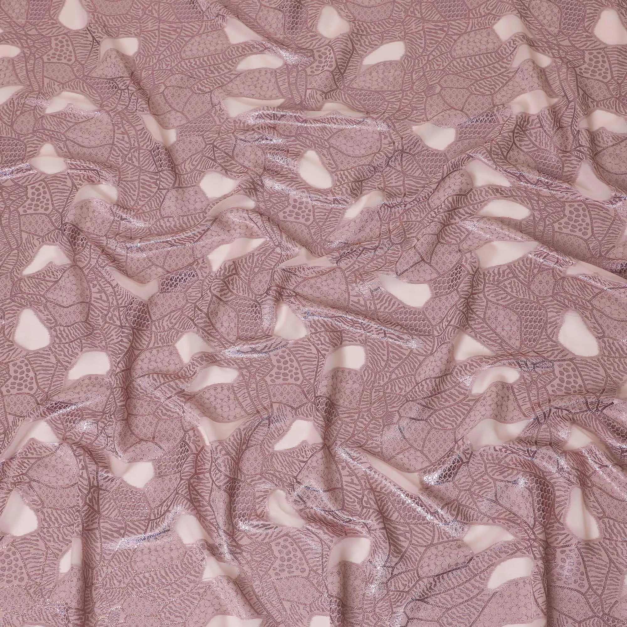 Peach synthetic chiffon fabric with multicolor metallic lurex in abstract design-D14286