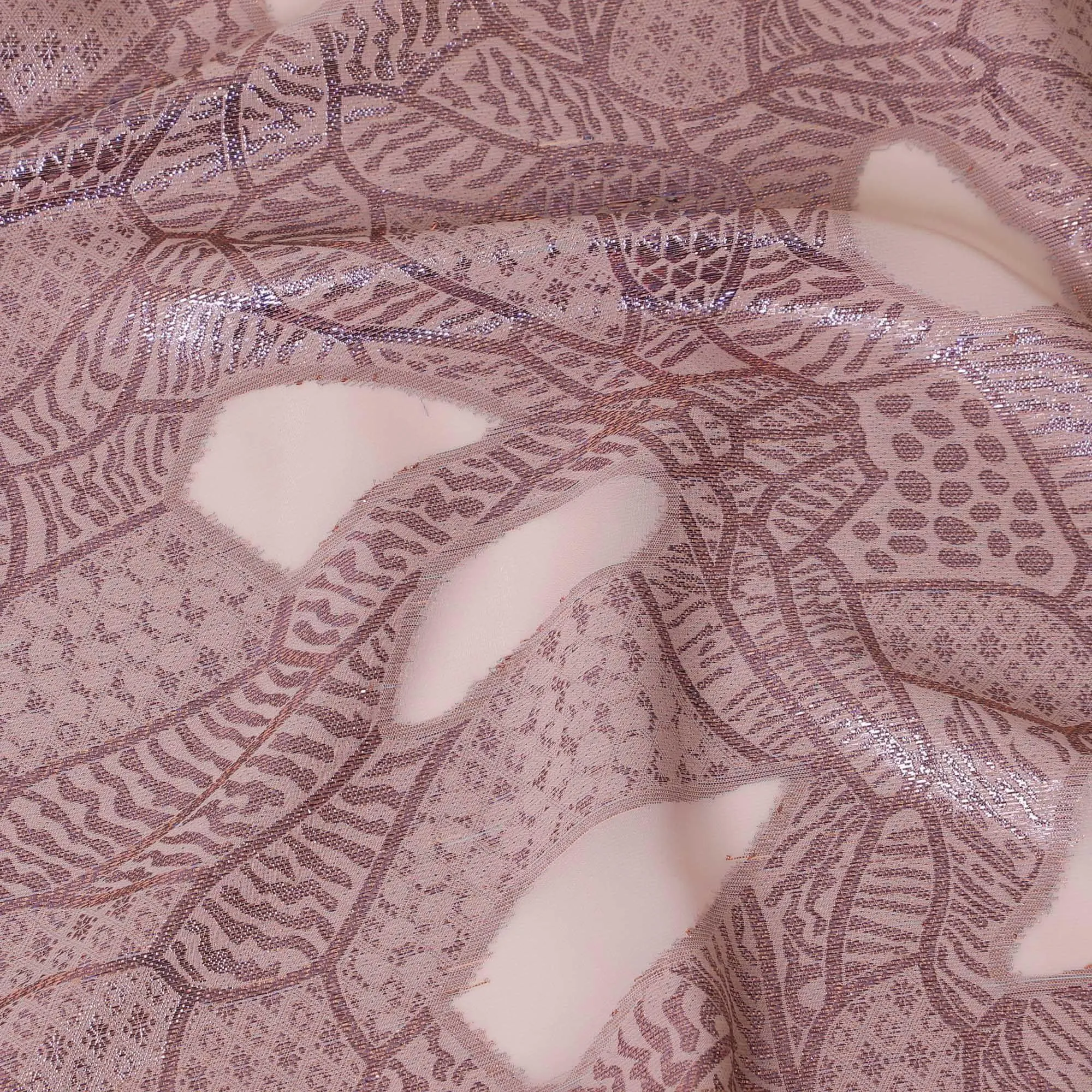 Peach synthetic chiffon fabric with multicolor metallic lurex in abstract design-D14286