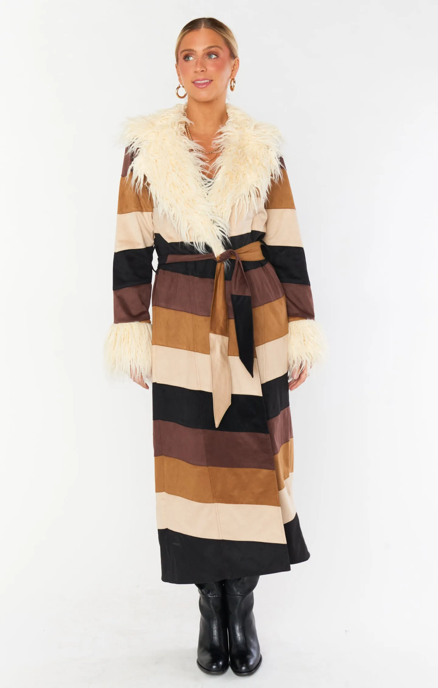 Penny Lane Long Coat ~ Faux Suede Chevron with Faux Fur