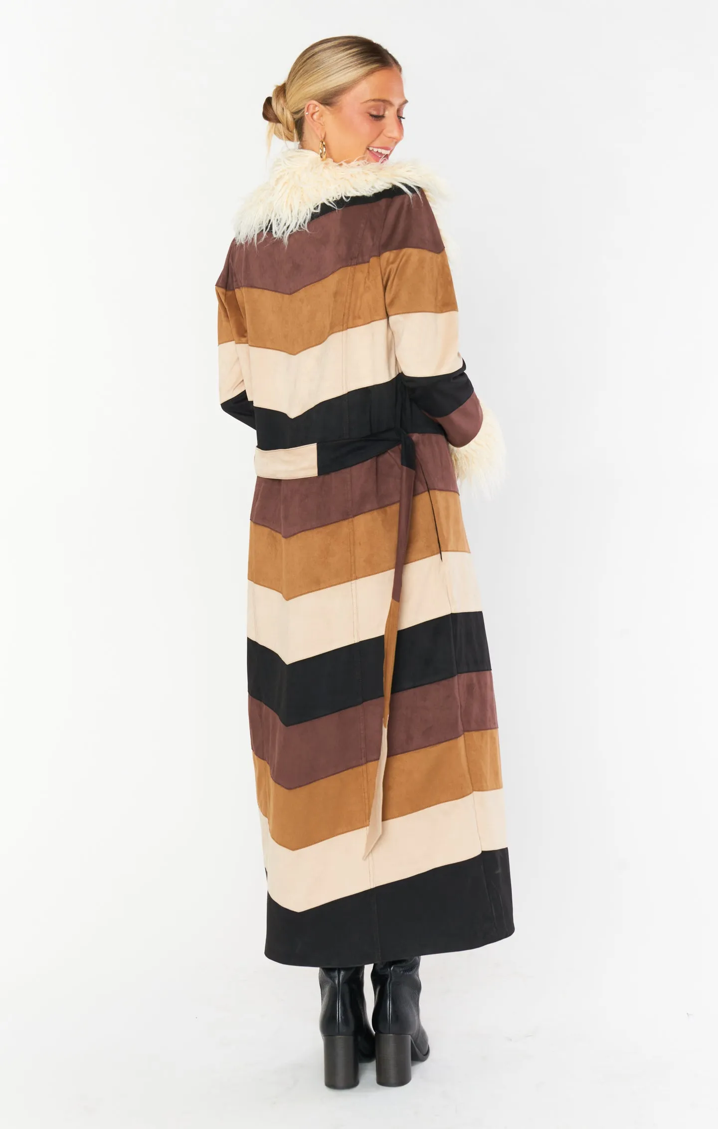 Penny Lane Long Coat ~ Faux Suede Chevron with Faux Fur