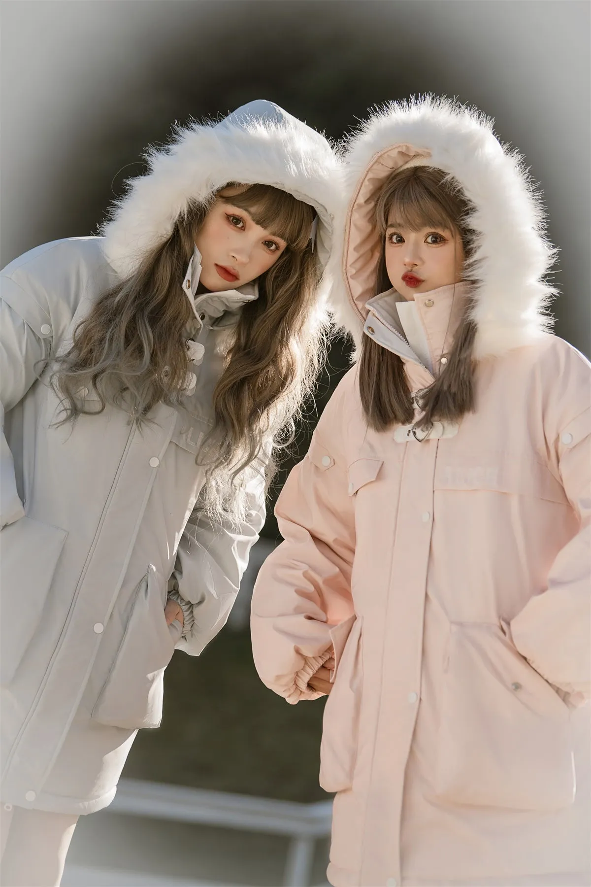 Pink & Blue Fur Collar Hooded Thick Warm Padded Coat Jacket