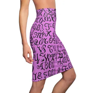 Pink Black Graphic Pencil Skirt, Best Alphabets Calligraphy Print Women's Pencil Skirt - Made in USA