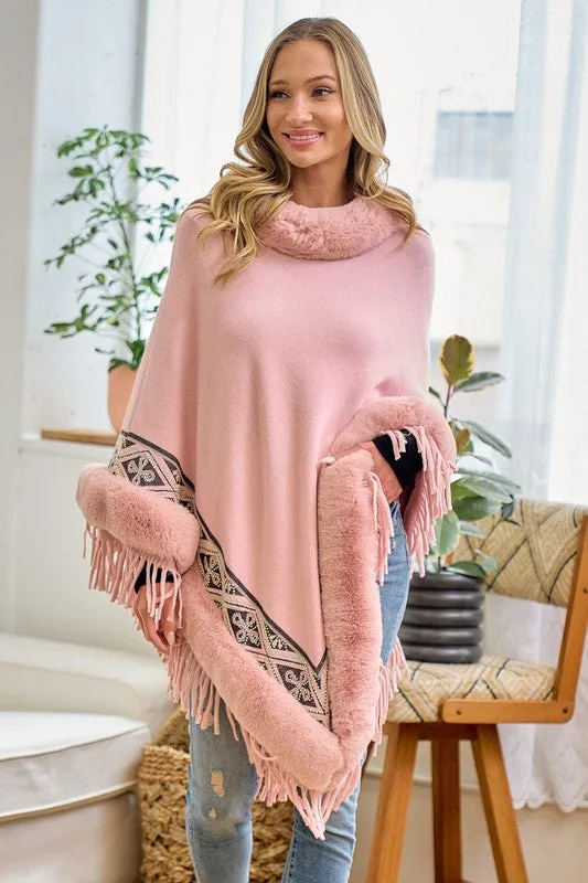 Pink Faux Fur Poncho Cape Coat Cloak Wrap