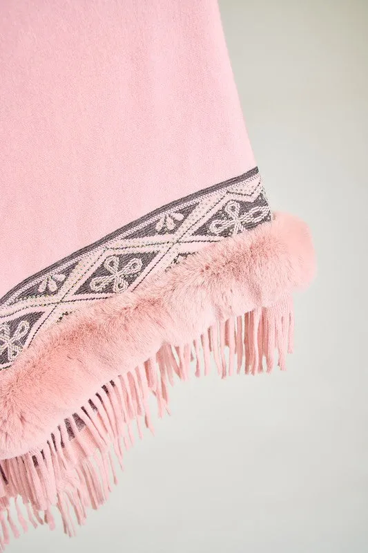 Pink Faux Fur Poncho Cape Coat Cloak Wrap