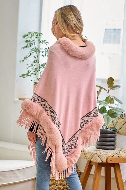 Pink Faux Fur Poncho Cape Coat Cloak Wrap