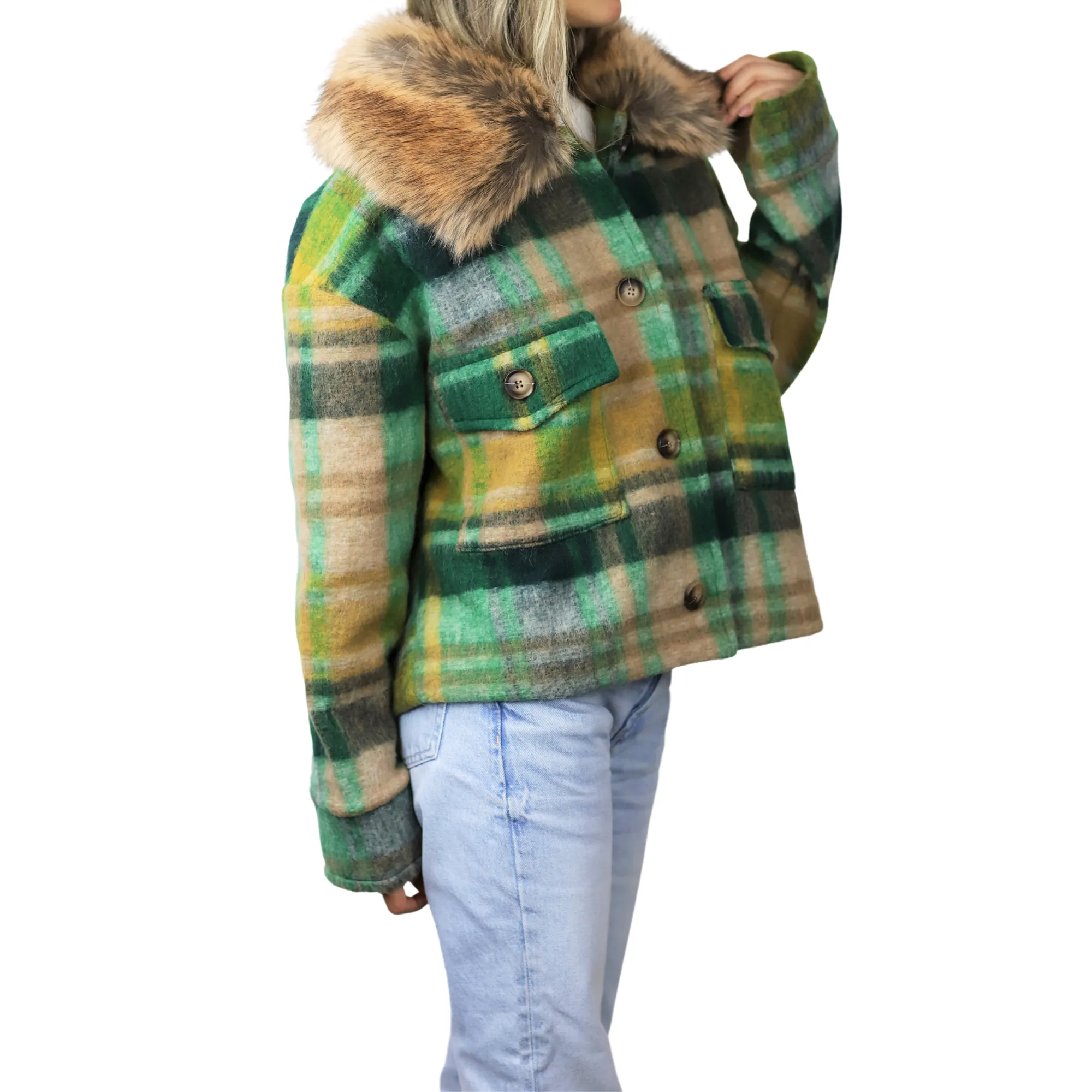 Plaid Cropped Jacket w/ Trim - Green