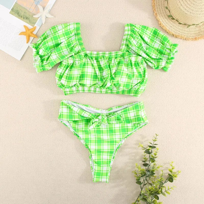 Plaid High Waist Split Two Piece Bikini