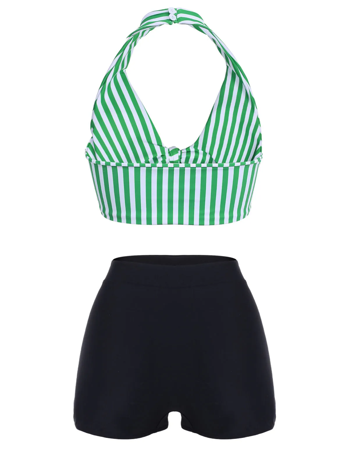 [Plus Size] Green 1950s Retro Halter Stripes Bikini Set