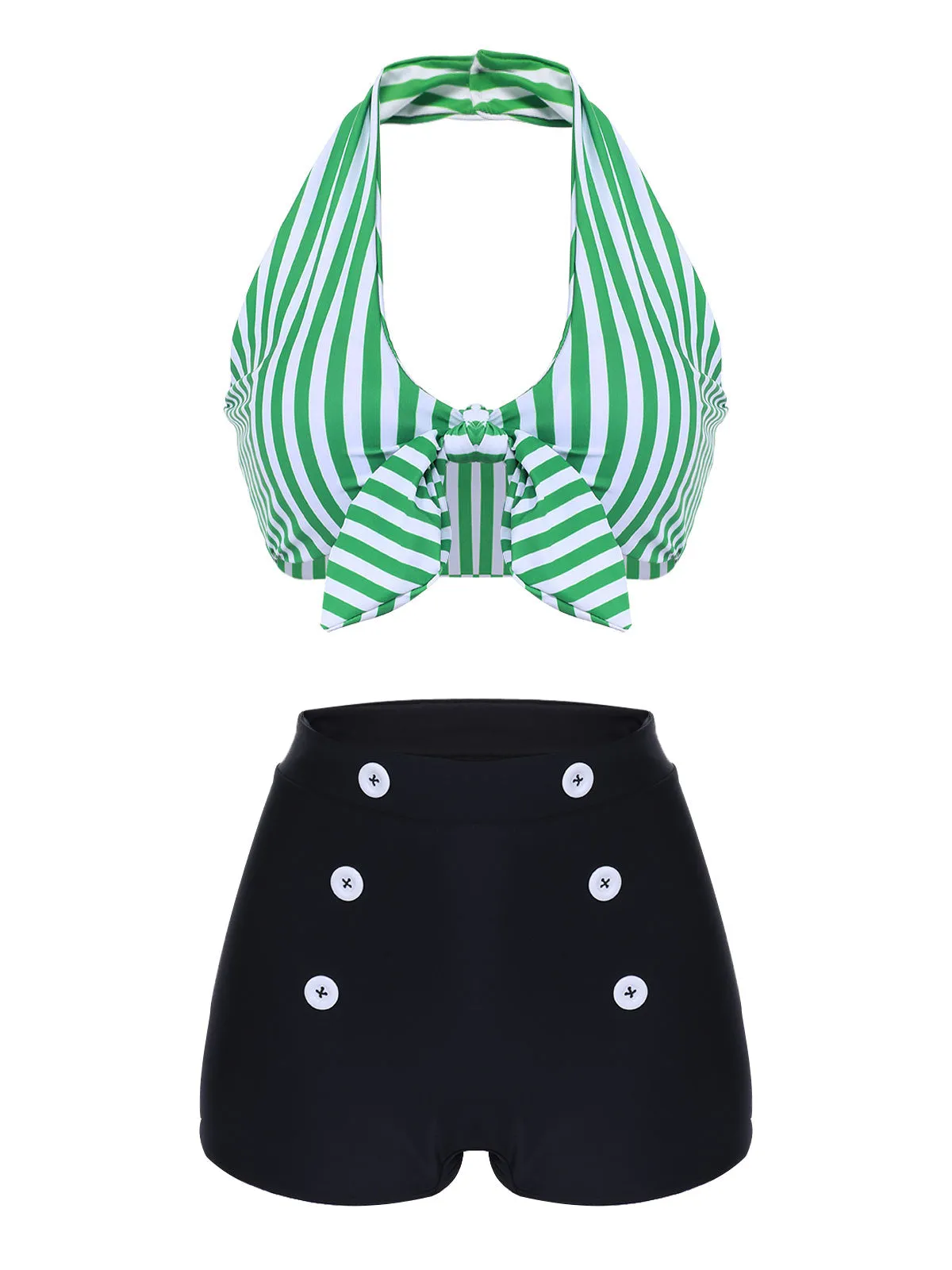 [Plus Size] Green 1950s Retro Halter Stripes Bikini Set