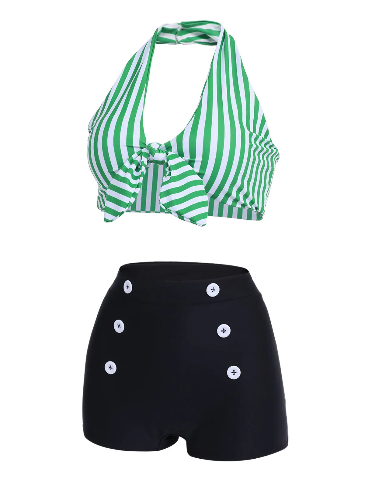 [Plus Size] Green 1950s Retro Halter Stripes Bikini Set