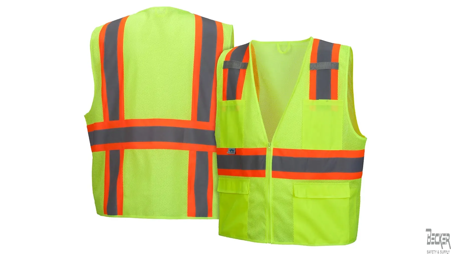 PYRAMEX - Type R - Class 2 Hi-Vis Lime Safety Vest, lightweight polyester mesh material W/ SAFEBUILT logo in black font on left chest pocket