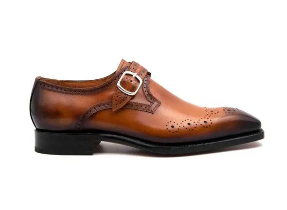 "Eric" Burnished Calfskin Monkstrap Shoe Caramel