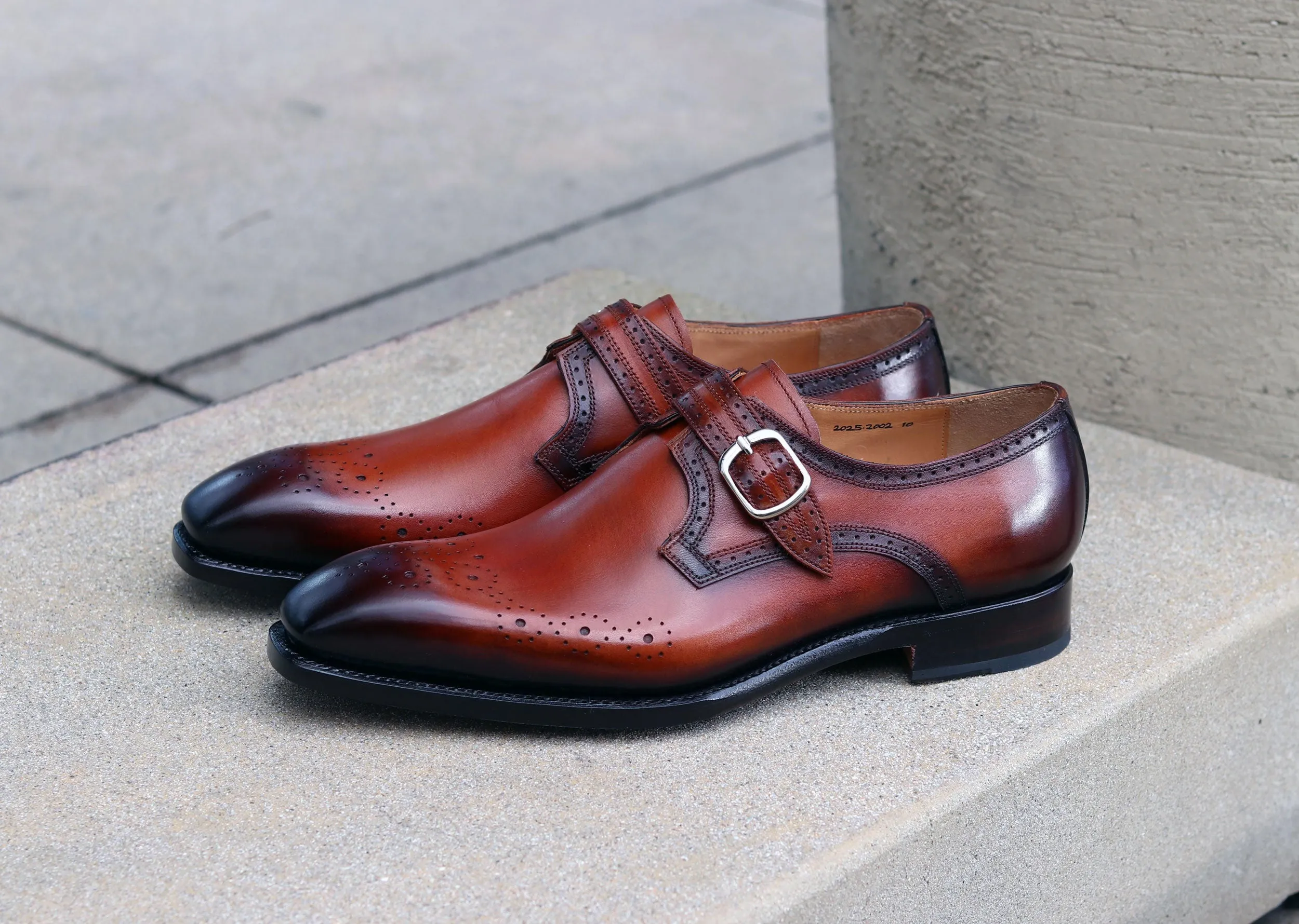 "Eric" Burnished Calfskin Monkstrap Shoe Caramel