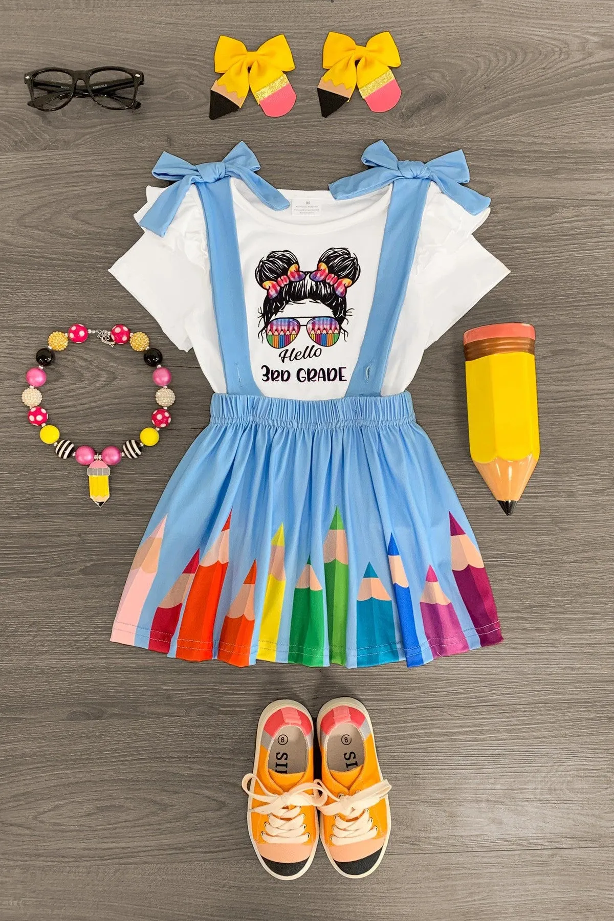 "Hello Preschool - 4th Grade" Rainbow Pencil Suspender Skirt Set