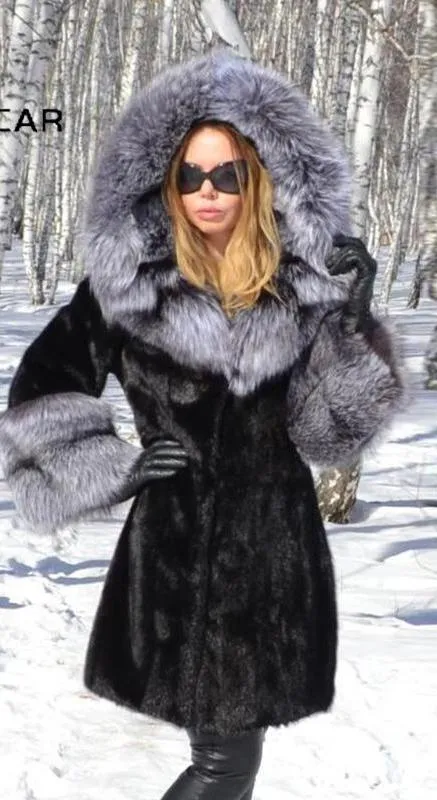 Real Mink Fur Silver Fox Fur Cuffs & Parka