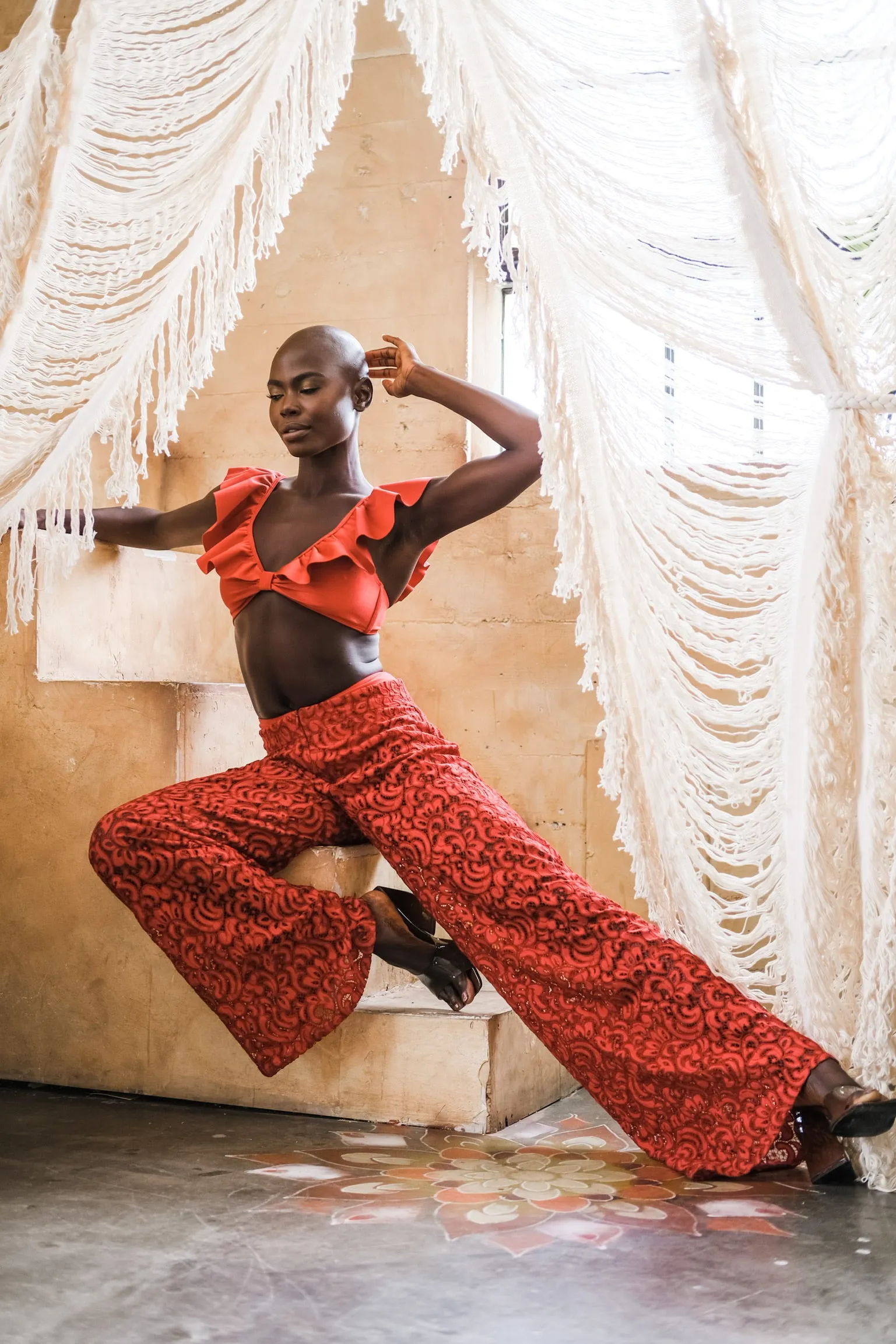 Red Lace Wide Leg Pant