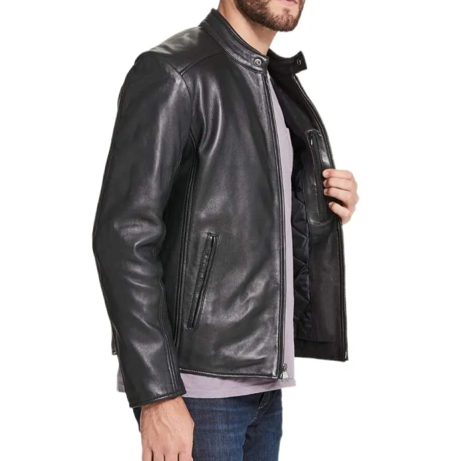 Regular Fit Black Leather Jacket for Men with Collar Button - Men jackets