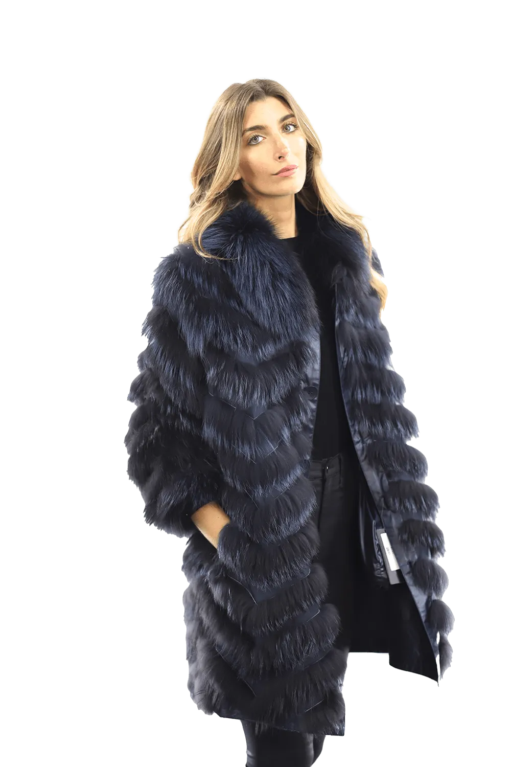 Reversible Silver Fox Fur Coat - Dark Blue