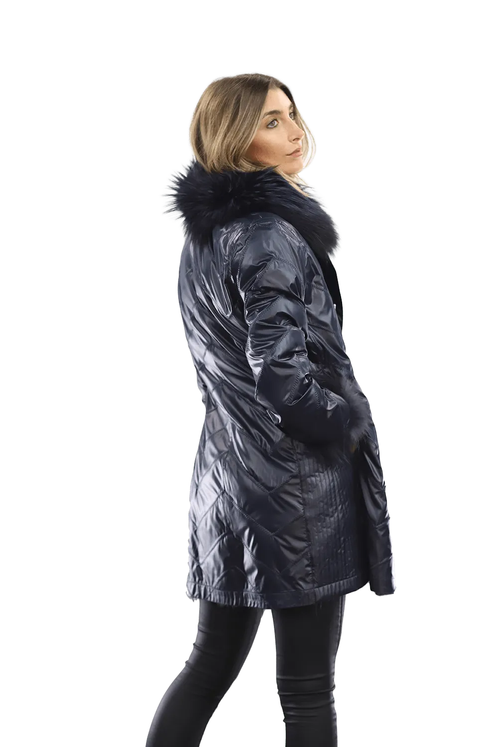 Reversible Silver Fox Fur Coat - Dark Blue