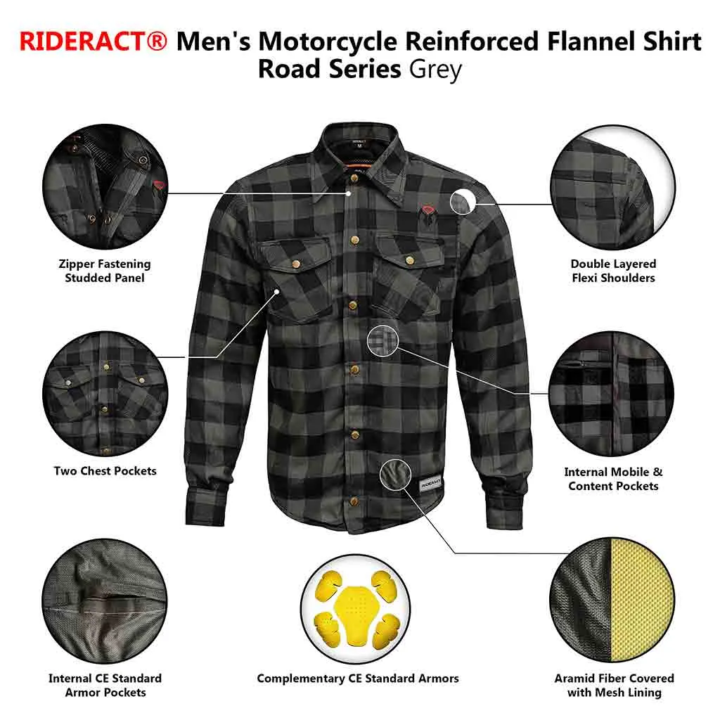 RIDERACT® Men's Motorcycle Riding Reinforced Flannel Shirt Road Series Grey