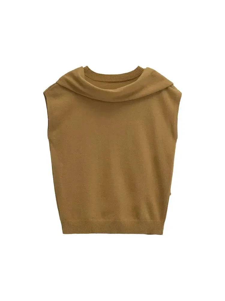 Scarf Neck Top Sleeveless Knit Sweater