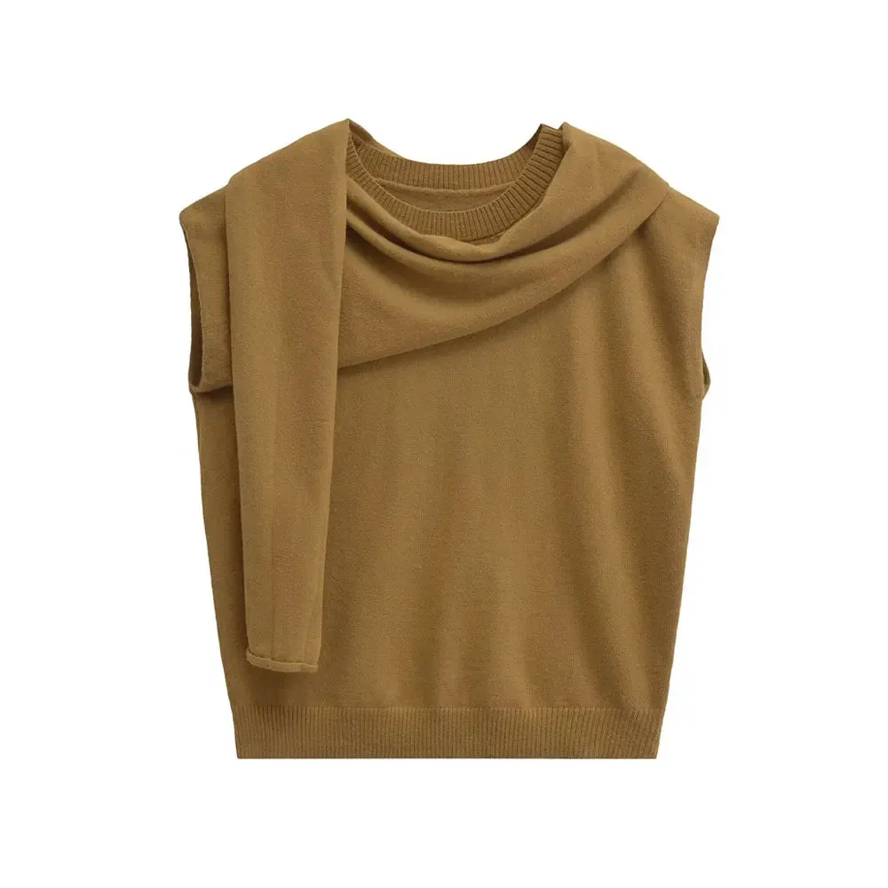 Scarf Neck Top Sleeveless Knit Sweater