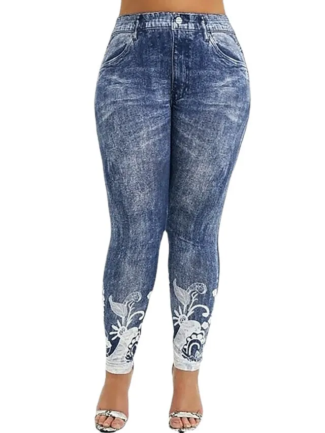 Slim fit stretch women's snowflake nine points imitation denim plus size pants